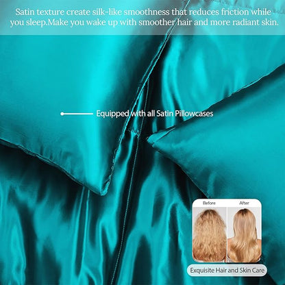 Whale Flotilla 3-Piece Reversible Silky Soft Queen Comforter Bedding Set, Luxurious Satin Comforters Full Size with 2 Satin Pillowcases, Lightweight Duvet for All Seasons, Turquoise