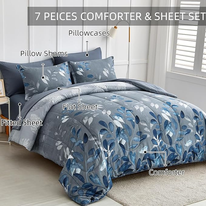 Anibedding Blue Comforter Set California King Size 7 Piece Navy Botanical Gradient Leaves Ultra Soft Lightweight Reversible Microfiber Bedding Comforter Set for All Season