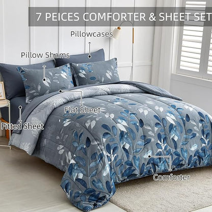 Anibedding Blue Comforter Set California King Size 7 Piece Navy Botanical Gradient Leaves Ultra Soft Lightweight Reversible Microfiber Bedding Comforter Set for All Season