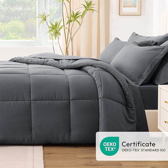 Love's cabin Full Comforter Set Soot Grey, 7 Pieces Full Bed in a Bag, All Season Bedding Sets with 1 Comforter, 1 Flat Sheet, 1 Fitted Sheet, 2 Pillowcase and 2 Pillow Sham