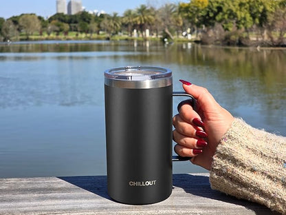 CHILLOUT LIFE Stainless Steel 20 oz Vacuum Insulated Coffee Mug with Handle and Lid, Large Thermal Camping Coffee Mug Cup with Durable Sliding Lid for Men & Women, Keeps your Beverages Hot/Cold