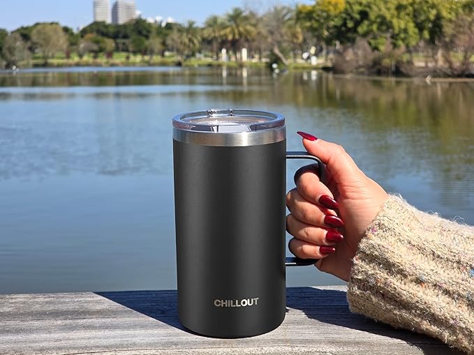 CHILLOUT LIFE Stainless Steel Vacuum Insulated Coffee Mug 20 oz (Set of 2) with Handle and Lid, Large Thermal Camping Coffee Mugs with Sliding Lid for Men & Women, Keeps Your Beverages Hot & Cold