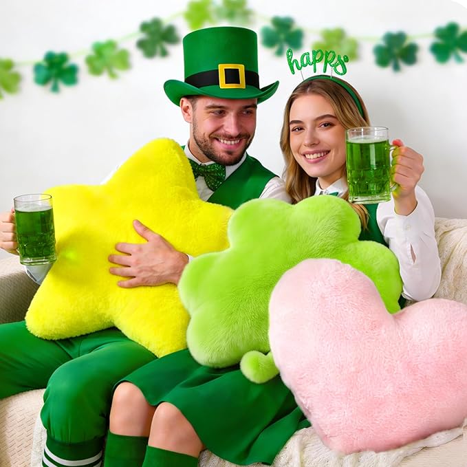 Set of 4 Plush St. Patrick's Day Pillows Lucky Charm Cereal Pillows Shamrock Shaped Throw Pillow Decorative Celtic Irish Clover Sofa Couch Cushion Pillow for Home Bedroom Livng Room Decor