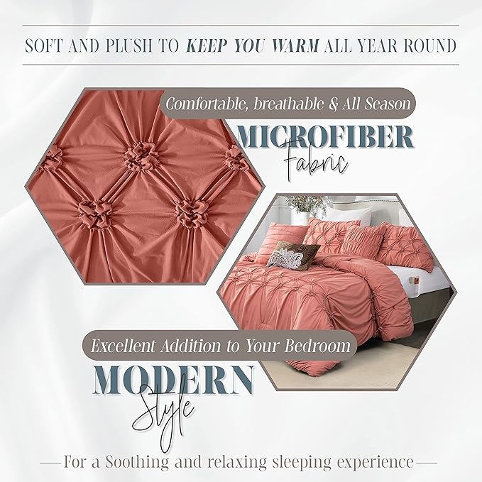 Elegant Comfort 12-Piece Bed-in-a-Bag, Ella Pleated Ruched Pintuck Comforter Set, 6-Piece Sheet Set Featuring Smart Pockets, Matching Decorative Pillows, All Season Bedding,California King, Dusty Rose