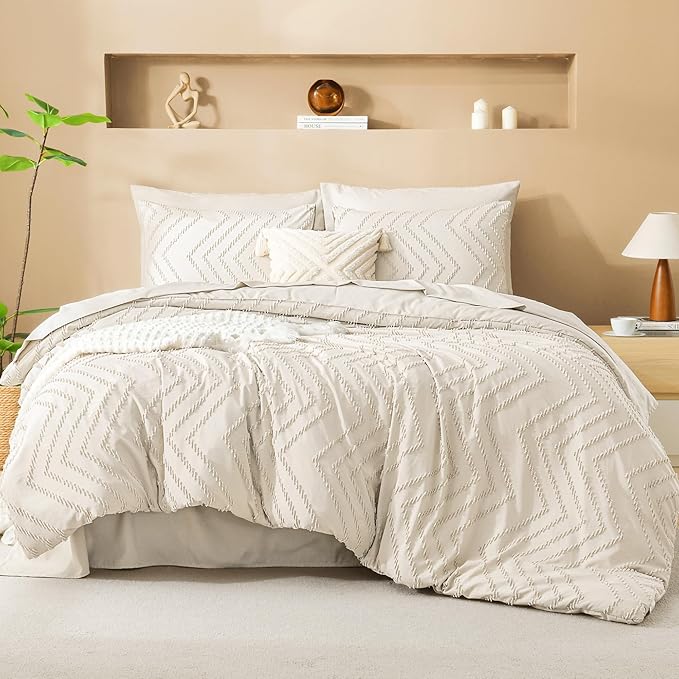Litanika Oversized King Size Comforter Set with Sheets Beige - 7 Pieces Bed in a Bag Oversized King Boho Tufted Complete Bedding Sets with Comforter, Sheets, Pillowcases & Shams