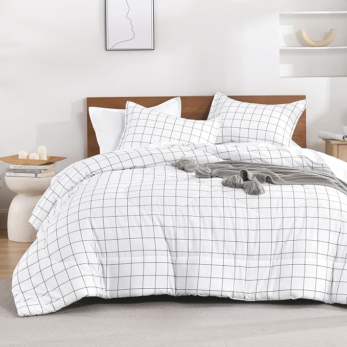 Andency Twin Comforter Set, White Gingham Plaid Grid Checkered Twin Bed Comforter Set for Dorm Boys Girls Teens Kids, 2 Pieces Lightweight Reversible Preppy Bedding Sets(66x90 Inch)