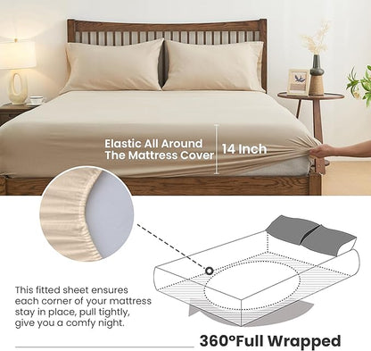 Simple&Opulence Belgian Linen Sheet Set Solid Color - 4 Pieces (1 Flat Sheet, 1 Fitted Sheet & 2 Pillowcases) Natural Flax Cotton Blend Soft Breathable Farmhouse Bedding - Queen Size, Linen/Beige