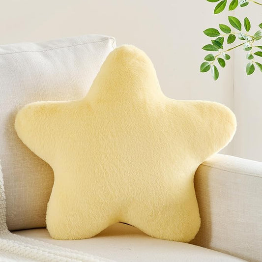 Star Pillow 19.6" Yellow Star Shaped Decorative Throw Pillow for Couch Bed Aesthetic Plush Floor Seating Cushions with Soft Faux Rabbit Fur for Sofa Bedroom Living Room
