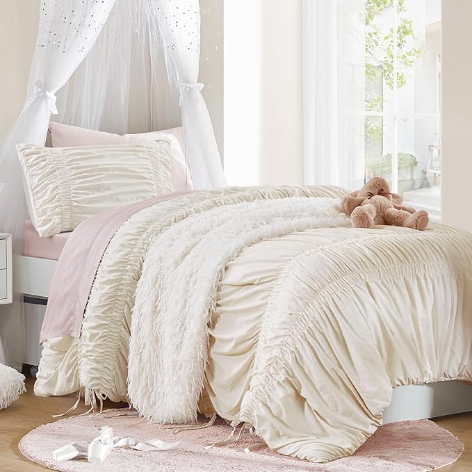 Intelligent Design Ruched Shabby Chic Comforters for Twin Size Bed, All Season Lightweight Comforter Twin, French Country Bedding Set, Sham, Ella, Twin/Twin XL, Ivory, 2 Piece