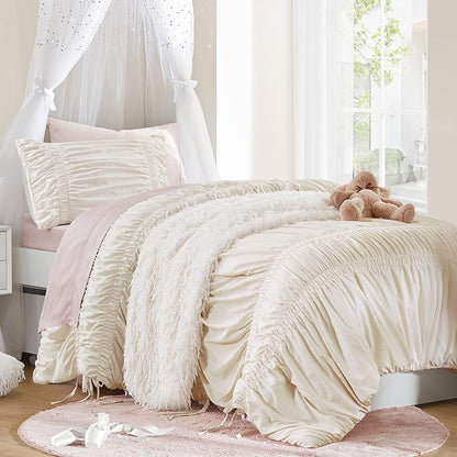 Intelligent Design Ruched Shabby Chic Comforters for Twin Size Bed, All Season Lightweight Comforter Twin, French Country Bedding Set, Sham, Ella, Twin/Twin XL, Ivory, 2 Piece