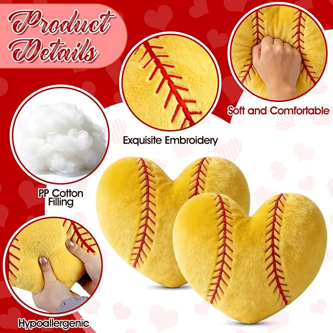 2Pcs Softball Throw Pillow, 11 in Soft Embroidered Fluffy Softball Pillow, Stuffed Plush Heart Shape Softball Pillow for Bedrooom Couch Bed Decoration, Gift for Softball Lover Player Team