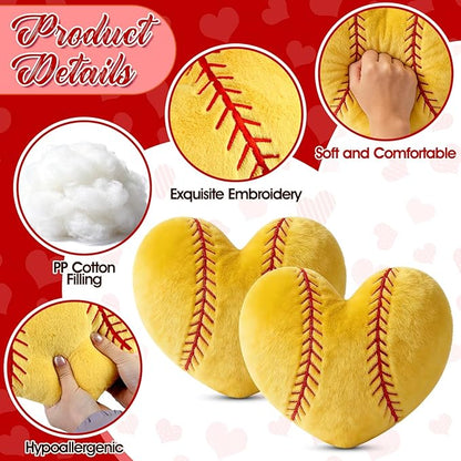 2Pcs Softball Throw Pillow, 11 in Soft Embroidered Fluffy Softball Pillow, Stuffed Plush Heart Shape Softball Pillow for Bedrooom Couch Bed Decoration, Gift for Softball Lover Player Team