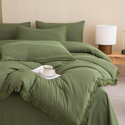 Andency Full Size Comforter Set with Sheets Olive Green -7 Pieces Bed in a Bag Boho Tassel Bedding Sets, All Season Fringe Bed Set with Comforter, Sheets, Pillowcases & Shams