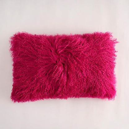 Genuine Mongolian Lamb Fur Pillow Cover – 12"x20" Rectangular Cushion Case – Soft Curly Wool Decorative Accent for Sofa, Bed, or Chair (Hot Pink)