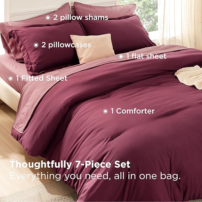 Bedsure King Size Comforter Set - 7 Pieces Burgundy King Bedding Set for All Seasons, Boho Contrasting Design Bed in a Bag with Comforter, Sheets, Pillowcases & Shams