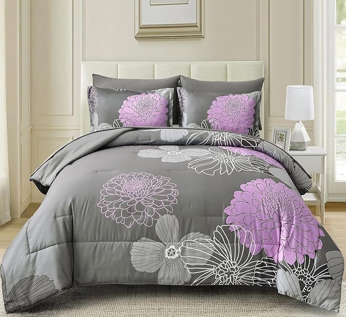 Yiran Cal King Comforter Set -7 Pieces Purple Grey Floral Comforter Set for All Seasons,Bed in a Bag Cal King Flowers Comforter with Flat Sheet Fitted Sheet Pillowshams Pillowcases