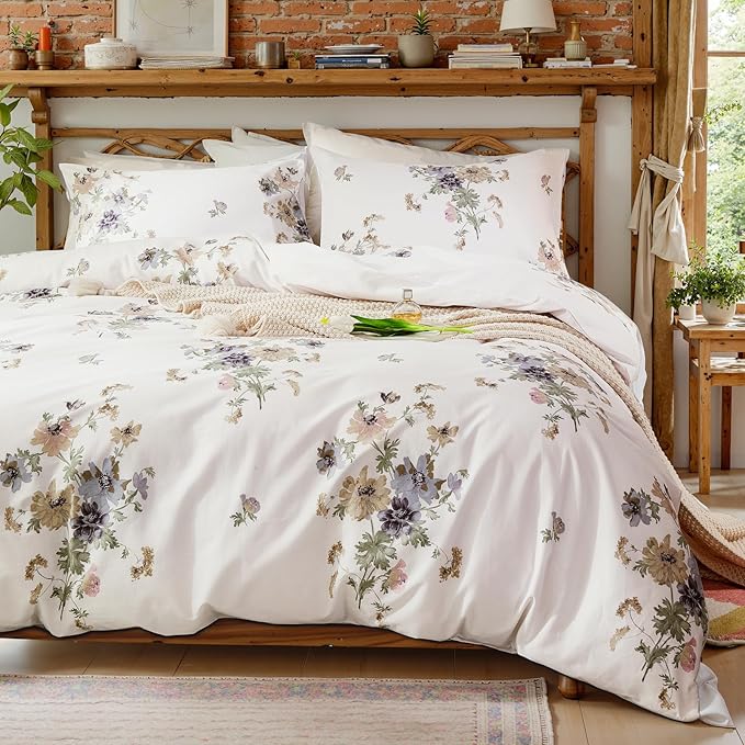 Floral Comforter King Size 100% Cotton Comforter with Blush Blue Floral 3 Pieces Vintage Botanical Bedding Sets Soft and Lightweight Comforter Set for All Seasons