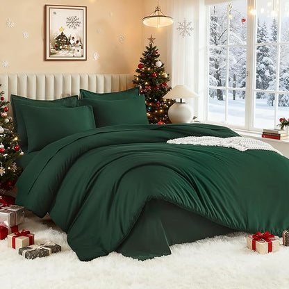 Litanika Queen Comforter Set Dark Emerald Green - 7 Pieces Bed in a Bag Queen Bedding Comforter Sets, Solid Lightweight Bed Set with Comforter, Sheets, Pillowcases & Shams