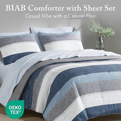 Madison Park Essentials Jaxon Bed in a Bag Comforter Set with Sheet, Printed Stripe Design, Modern All Season Bedding and Matching Sham, King Blue/Grey 7 Piece