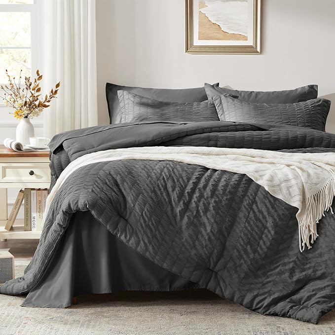 Zzlpp Twin Comforter Set 5 pieces, Dark Grey Seersucker Bed in a Bag with Comforter and Sheets, All Season Bedding Sets with 1 Comforter, 1 Pillow Sham, 1 Pillowcase, 1 Flat Sheet, 1 Fitted Sheet