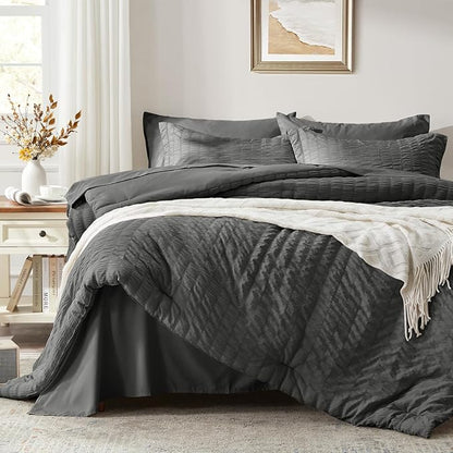 Zzlpp Twin Comforter Set 5 pieces, Dark Grey Seersucker Bed in a Bag with Comforter and Sheets, All Season Bedding Sets with 1 Comforter, 1 Pillow Sham, 1 Pillowcase, 1 Flat Sheet, 1 Fitted Sheet
