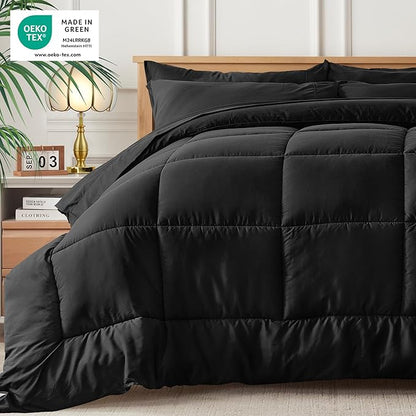 Newspin King Comforter Set Black - Bed in a Bag King Size 7 Pieces, All Season Bed Set, Fluffy Comforter Set with Sheets, Sheet Set Quilt Blanket, Pillowcases & Shams
