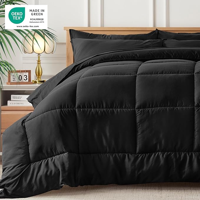 Newspin California King Comforter Set Black - Bed in a Bag California King Size 7 Pieces, All Season Bed Set, Fluffy Comforter Set with Sheets, Sheet Set Quilt Blanket, Pillowcases & Shams