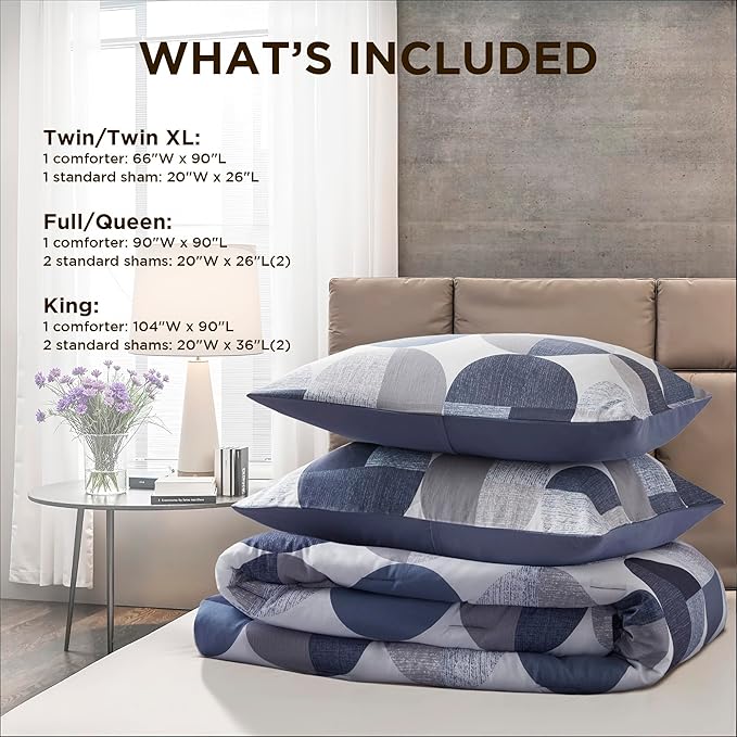 Stylish Three-Tone Printed King Size Comforter Set, 3 Pieces Ultra-Soft Microfiber Bedding Set, Warm and Cozy Comforter for All Seasons, Navy Blue & Grey