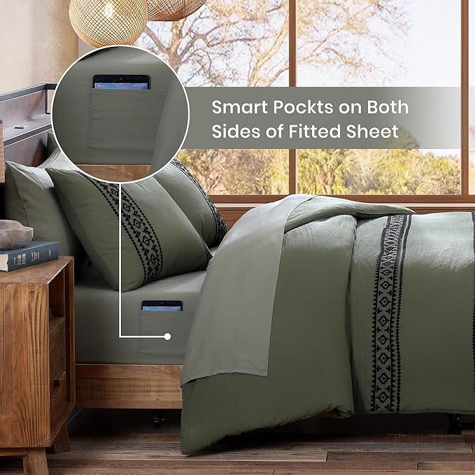MaiRêve Embroidery Comforter Set, Boho Farmhouse Western Bedding Set, All Season Bed in A Bag Comforter Set with Sheets, Pillowcases & Shams, Olive Green Full 7 Pieces