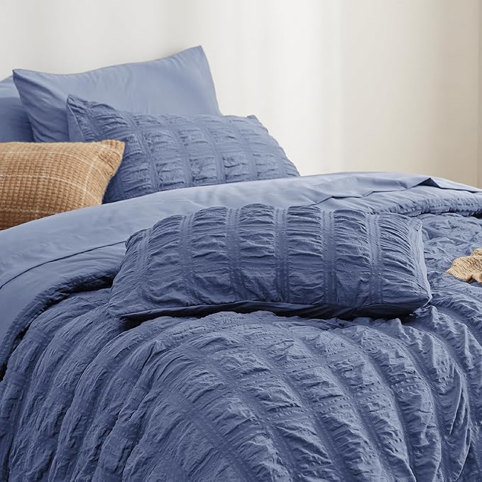 Bedsure Bed in a Bag Queen - 7 Pieces Plaid Seersucker Bedding Comforter Sets, Soft Lightweight Mineral Blue Boho Bed Set with Comforters Queen Size, Sheets, Pillowcases & Shams