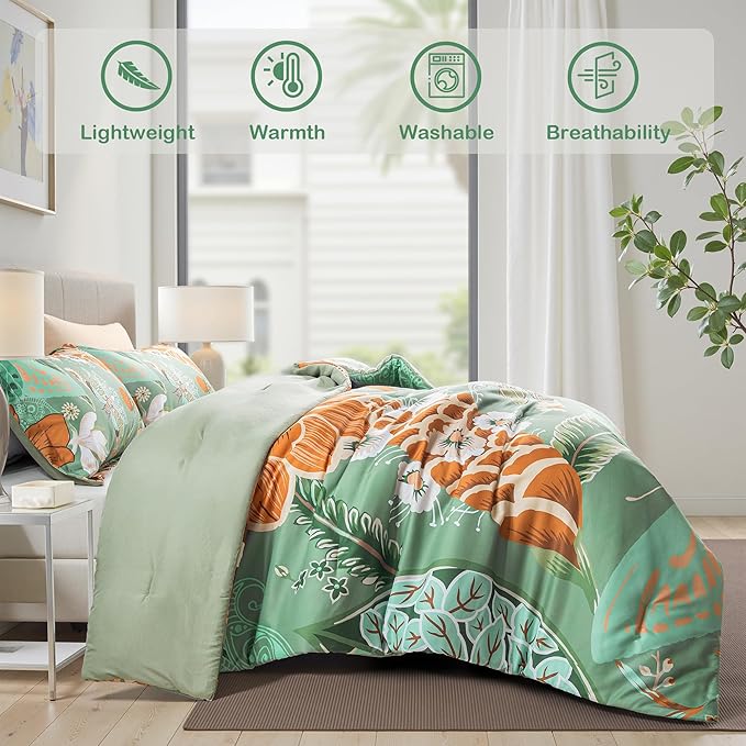 Sage Green Boho Floral King Comforter Set - 3 Piece Farmhouse Botanical Bedding Comforter Sets for All Season Soft Lightweight Mid Century Bed Set, (1 Reversible Comforter and 2 Pillow Shams