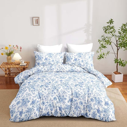 Nayoroom Blue Floral Comforter Set Queen Size Blue and White Botanical Flower Pattern Spring Bedding Set 3 Pieces Soft Lightweight Aesthetic Garden Comforter for All Seasons