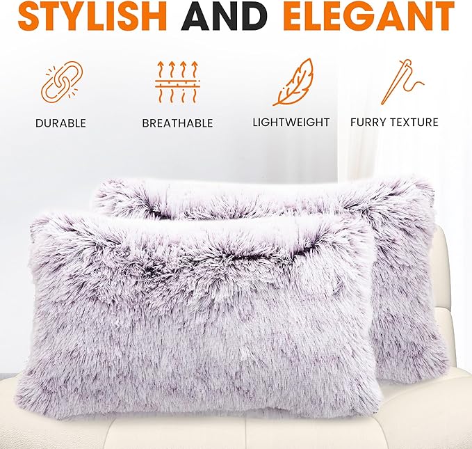 Cheer Collection Throw Pillows for Couch and Bed, Soft Shaggy Throw Pillows with Inserts Included, Cozy Long Hair Faux Fur Pillows - Set of 2-12" x 20" - Purple