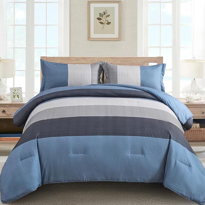 Comforter Set King Size, Reversible Blue Grey Striped Patchwork Down Alternative Comforter for Queen Bed,3 Pieces (1 Comforter+2 Pillowcases), Soft Microfiber Bedding Duvet Insert Set 104"×90"