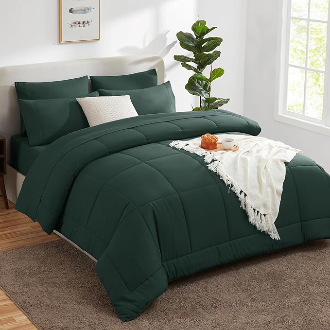 CozyLux Full Size Comforter Sets Forest Green, 7 Pieces Bed in a Bag, Green Comforter Full Size, All Season Bedding Sets with Stitch Quilted Comforter, Flat Sheet, Fitted Sheet, Pillowcases