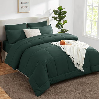 CozyLux Full Size Comforter Sets Forest Green, 7 Pieces Bed in a Bag, Green Comforter Full Size, All Season Bedding Sets with Stitch Quilted Comforter, Flat Sheet, Fitted Sheet, Pillowcases