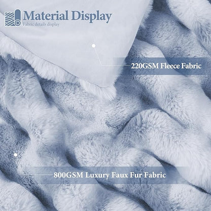 Touchat Luxury 1000GSM Faux Rabbit Fur Throw Blanket, Super Heavy Warm Cozy Grey Blankets for Couch Bed Sofa, Ruched Plush Fuzzy Elegant Soft Reversible Mink Blanket for Living Room Bedroom, Blue