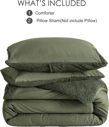 Warm Ultra-Soft Sherpa King Size Down Comforter - Reversible Bedding Down Alternative Blanket Comforter and 2 Pillowshams Plush Comfort Fluffy for Winter Fall (Dark Olive Green Cal/Cal King)
