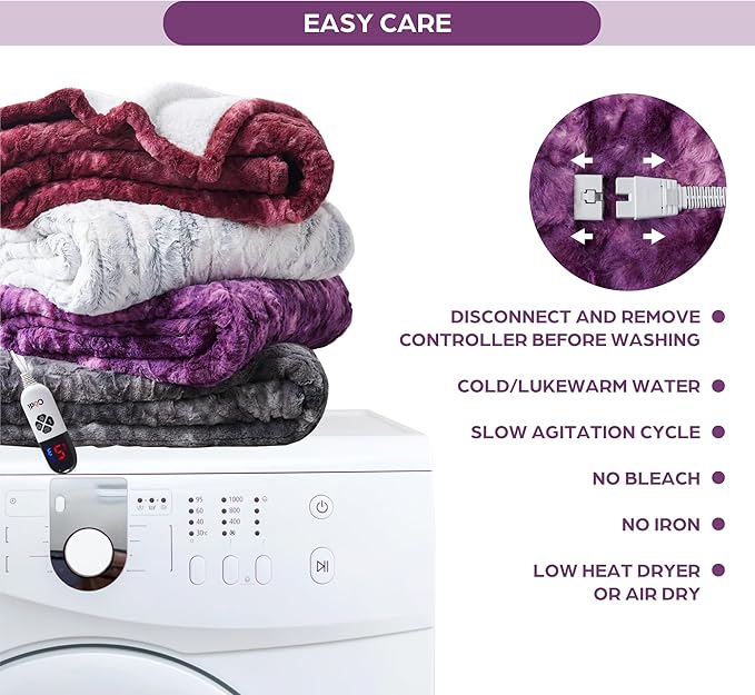 Codi Faux Fur Purple Heated Throw Blanket with Fuzzy Sherpa Back | 60 x 70 Oversized Electric Throws for Couch | 6 Heating Levels & 4 Time Settings with Auto Shut Off, 6ft Power Cord | Washable