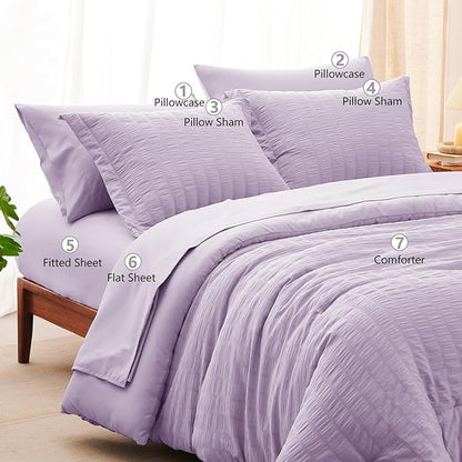 CozyLux Queen Seersucker Comforter Set with Sheets Light Purple Bed in a Bag 7-Pieces All Season Lavender Bedding Sets with Comforter, Pillow Sham, Flat Sheet, Fitted Sheet, Pillowcase