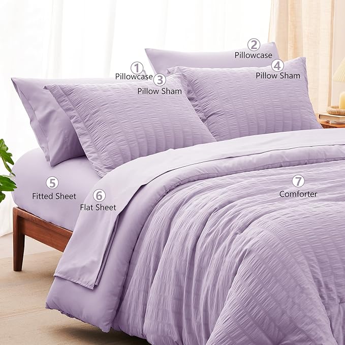 CozyLux Full Seersucker Comforter Set with Sheets Light Purple Bed in a Bag 7-Pieces All Season Lavender Bedding Sets with Comforter, Pillow Sham, Flat Sheet, Fitted Sheet, Pillowcase