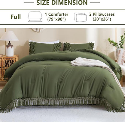 Andency Olive Green Full Size Comforter Set, 3 Pieces Boho Tassel Lightweight Soft Bedding Comforter Sets, All Season Fluffy Fringe Bed Set (79x90In Comforter & 2 Pillowcases)