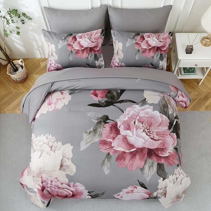 Dobuyly Pink and Grey Comforter Set King Size 7 Piece Bed in a Bag, Floral Printed on Gray Comforter Set with Sheets, Soft Microfiber Botanical Complete Bedding Set for All Season