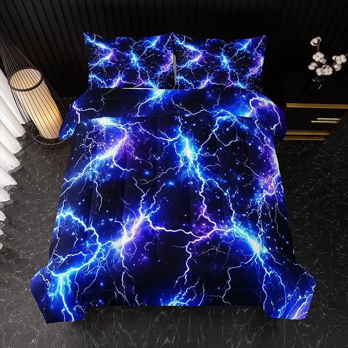 Blue Lightning Comforter Set Full Size Bed in A Bag,Lightning Bedding Set for Teen Adult Blue Room Decor Ultra-Soft Lightweight Microfiber with 2 Pillowcases