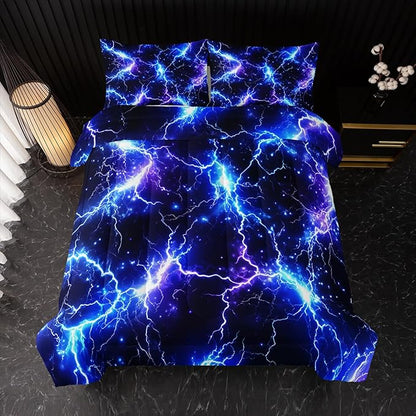 Blue Lightning Comforter Set Full Size Bed in A Bag,Lightning Bedding Set for Teen Adult Blue Room Decor Ultra-Soft Lightweight Microfiber with 2 Pillowcases