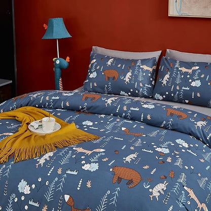 CLOTHKNOW Kids Comforter Sets Twin Navy Blue Animal Woodland Bedding Comforter Sets Cartoon Forest Fox Rabbit Comforter with 2 x Pillow Cases