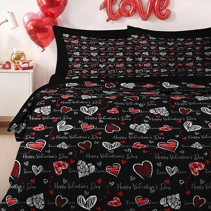 Nesker 7 Pcs Valentine's Day Comforter Set Queen Size, Romantic Heart Love Bedding Set for Kids and Adults, Sweet Kawaii Cartoon Sheets Bed Sheet Sets with Fitted Sheet 2 Pillowcases & 2 Shams