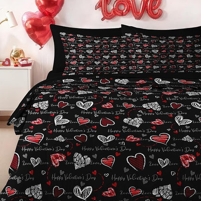Nesker 7 Pcs Valentine's Day Comforter Set Queen Size, Romantic Heart Love Bedding Set for Kids and Adults, Sweet Kawaii Cartoon Sheets Bed Sheet Sets with Fitted Sheet 2 Pillowcases & 2 Shams