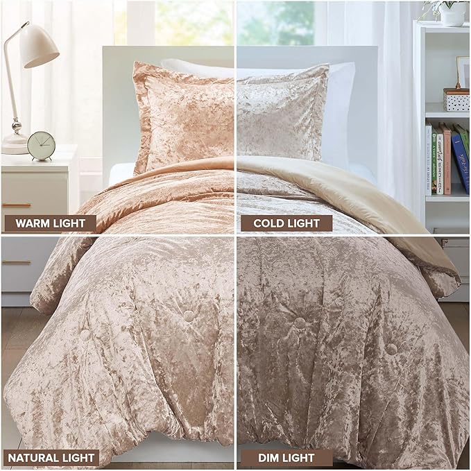 Comfort Spaces Luxe Velvet Comforter Set for Twin/Twin XL Size Bed, Microfiber Reverse, Juliette, All Season Bedding, Fluffy Sham, Champagne 2 Piece
