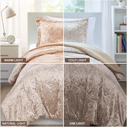 Comfort Spaces Luxe Velvet Comforter Set for Twin/Twin XL Size Bed, Microfiber Reverse, Juliette, All Season Bedding, Fluffy Sham, Champagne 2 Piece